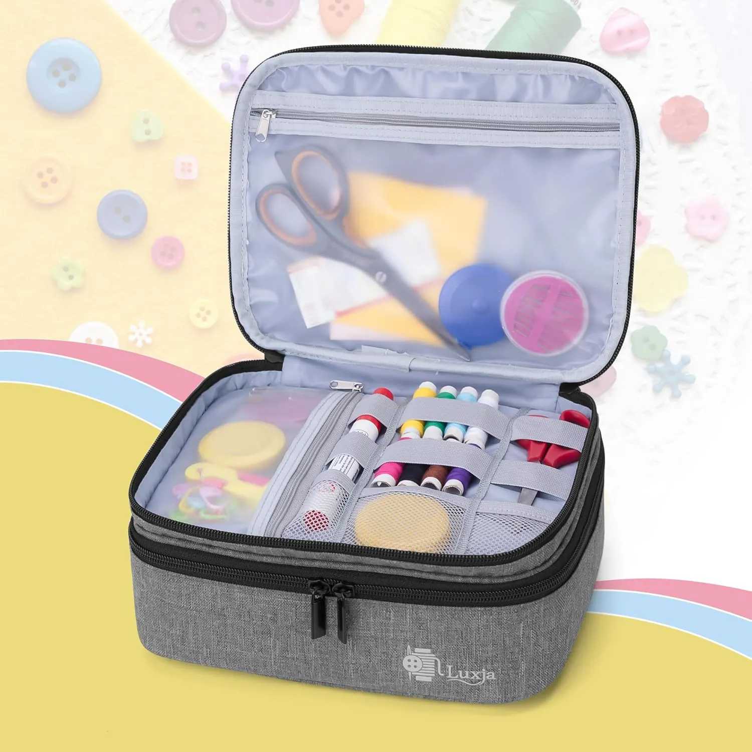 Luxja Double-Layer Sewing Supplies Organizer, Sewing Accessories Organizer for Needles, Thread, Scissors, Measuring Tape and Other Sewing Tools (Bag Only), Medium/Gray