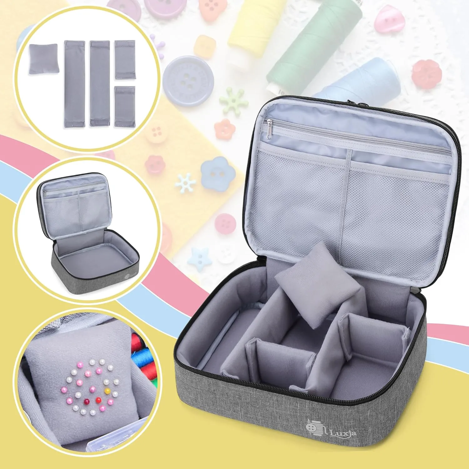 Luxja Double-Layer Sewing Supplies Organizer, Sewing Accessories Organizer for Needles, Thread, Scissors, Measuring Tape and Other Sewing Tools (Bag Only), Medium/Gray