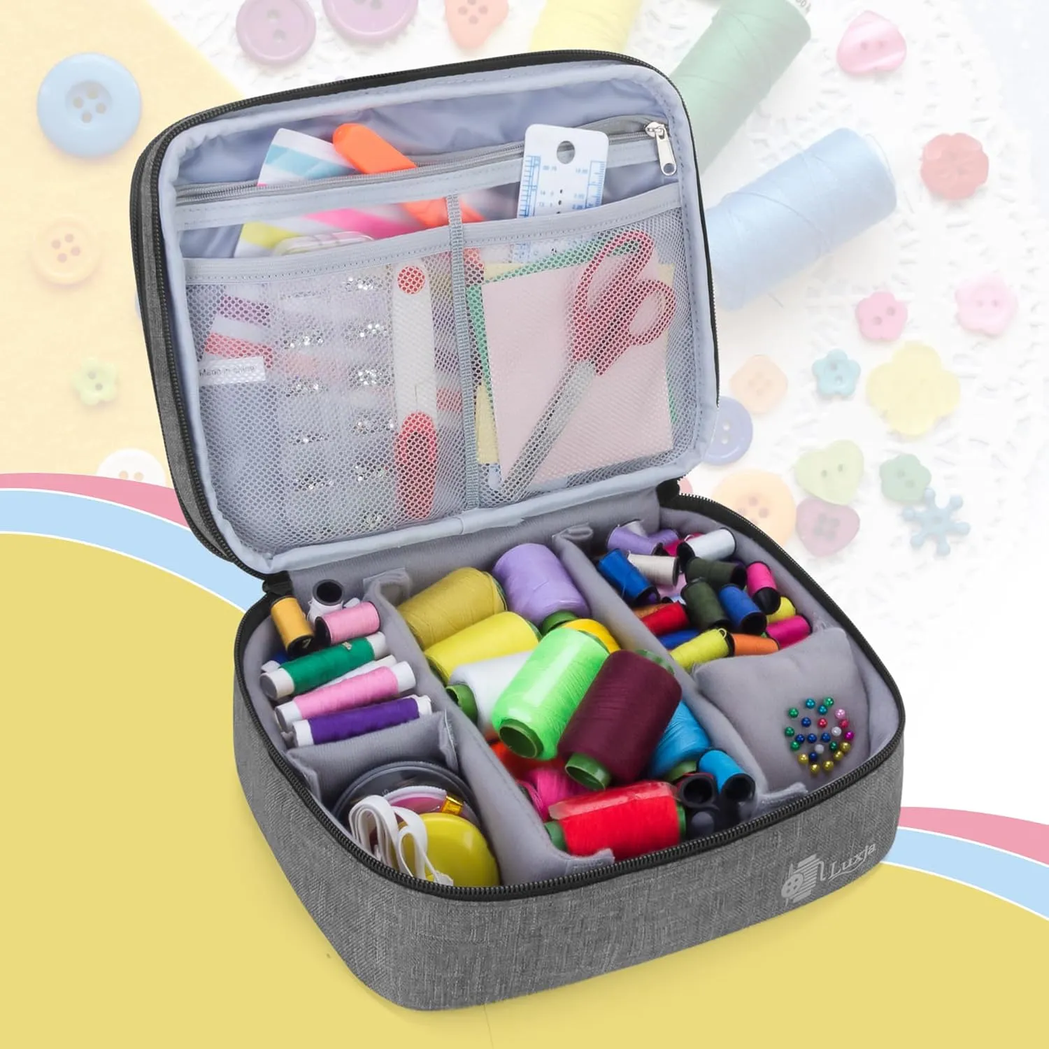Luxja Double-Layer Sewing Supplies Organizer, Sewing Accessories Organizer for Needles, Thread, Scissors, Measuring Tape and Other Sewing Tools (Bag Only), Medium/Gray