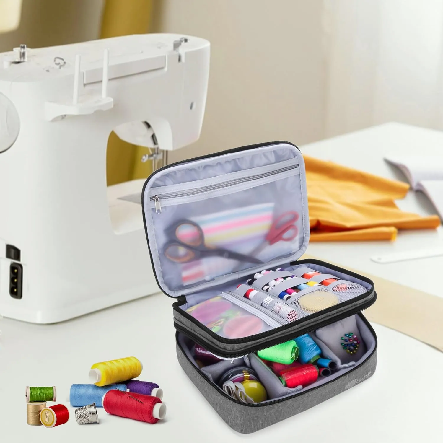 Luxja Double-Layer Sewing Supplies Organizer, Sewing Accessories Organizer for Needles, Thread, Scissors, Measuring Tape and Other Sewing Tools (Bag Only), Medium/Gray
