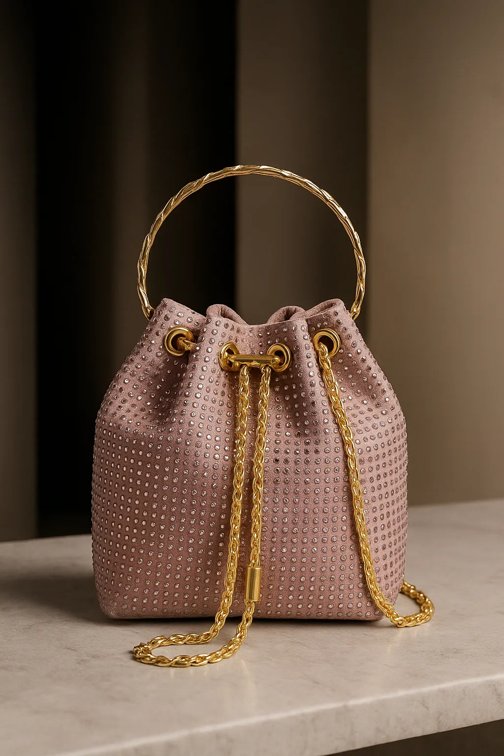 Luxury Pink Suede Rhinestone Pouch Bag