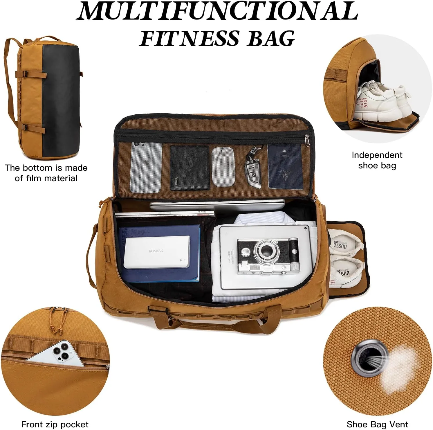 Lyweem Sports Gym Bag Men - Large 60L Tactical Travel Duffle Bag with Shoe Compartment Women, Weekender Backpack, Overnight Duffel Bag, Brown