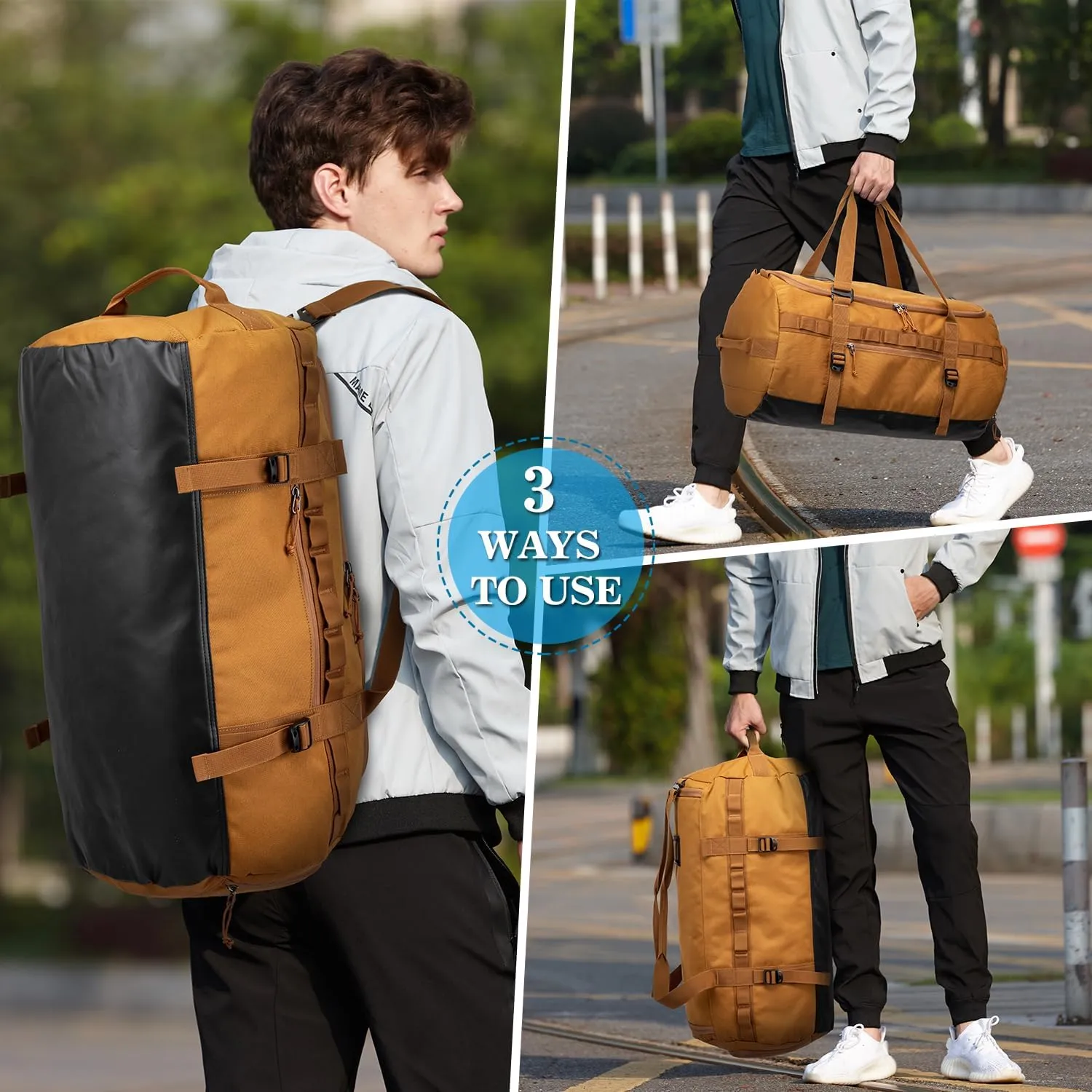 Lyweem Sports Gym Bag Men - Large 60L Tactical Travel Duffle Bag with Shoe Compartment Women, Weekender Backpack, Overnight Duffel Bag, Brown