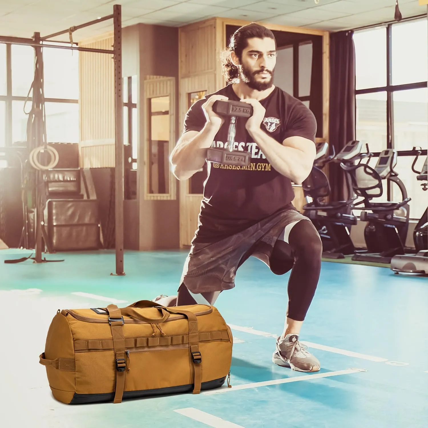 Lyweem Sports Gym Bag Men - Large 60L Tactical Travel Duffle Bag with Shoe Compartment Women, Weekender Backpack, Overnight Duffel Bag, Brown