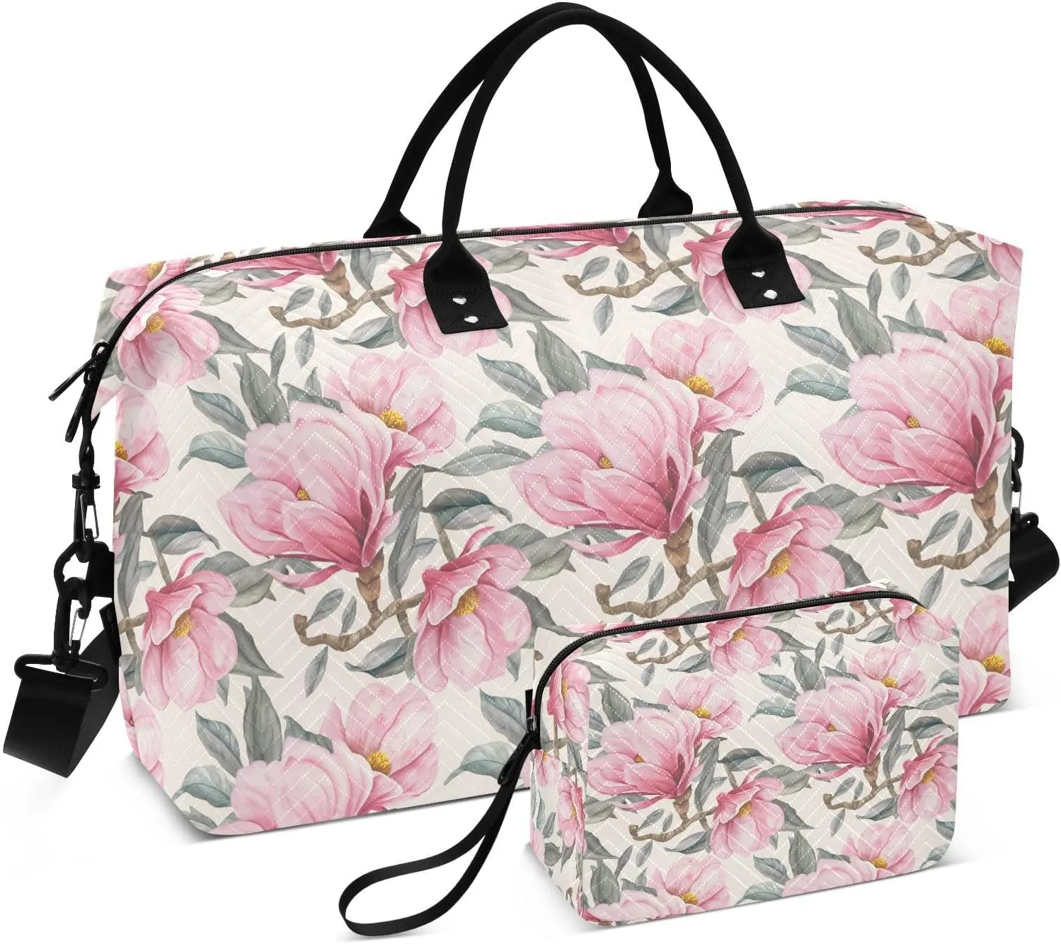Magnolia Flower Foliage Beige Sports Gym Bag for Women Men Travel Duffel Bag Weekend Overnight Carry on Bag with Toiletry Bag Training Handbag for Workout Swimming Yoga Plane Hospital