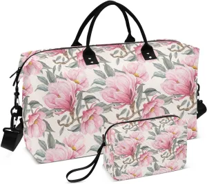Magnolia Flower Foliage Beige Sports Gym Bag for Women Men Travel Duffel Bag Weekend Overnight Carry on Bag with Toiletry Bag Training Handbag for Workout Swimming Yoga Plane Hospital