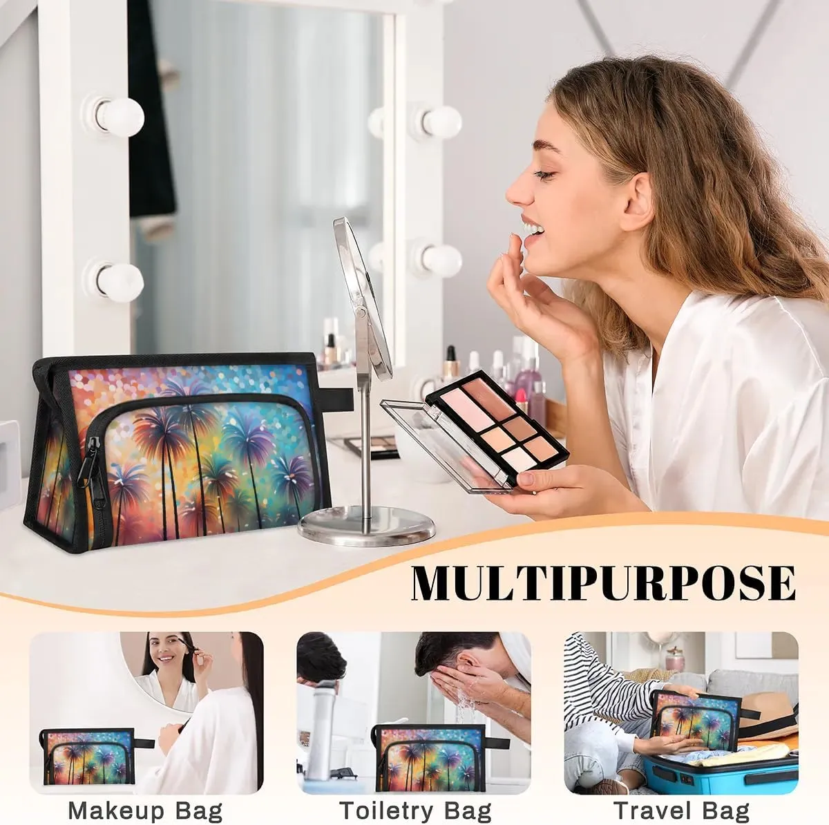 Makeup Bag Coconut Tree Pattern Travel Toiletry Bag Makeup Organizer Portable Make Up Bags for Women Cosmetic Bag with Handle
