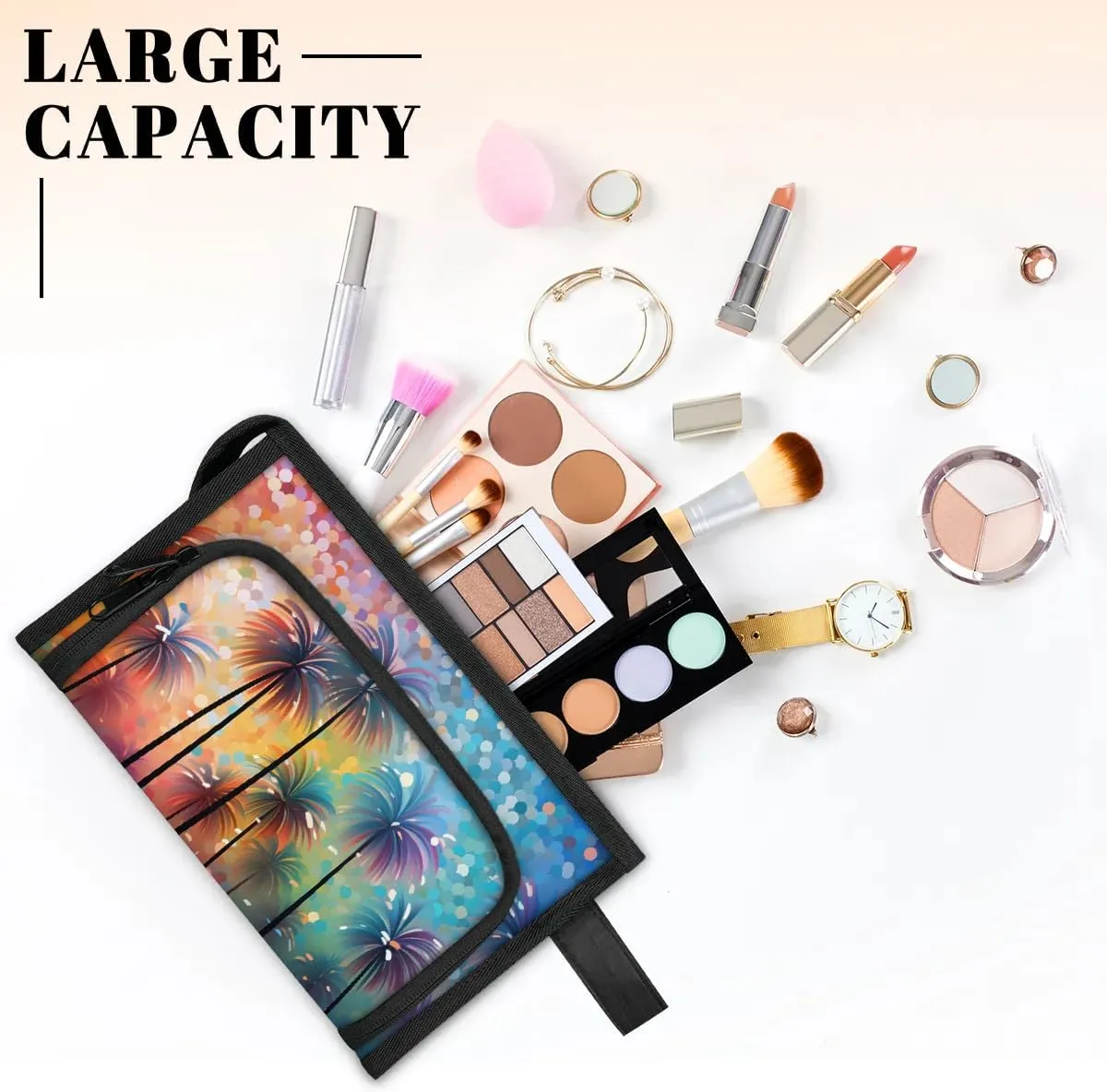 Makeup Bag Coconut Tree Pattern Travel Toiletry Bag Makeup Organizer Portable Make Up Bags for Women Cosmetic Bag with Handle
