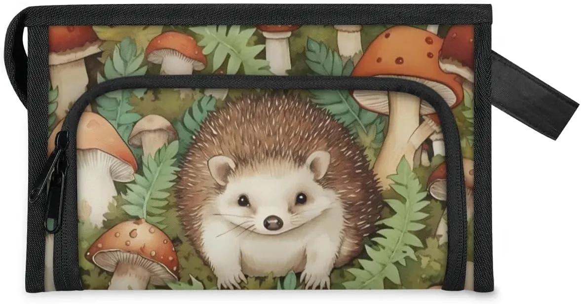 Makeup Bag Hedgehog Mushroom Leaves Travel Toiletry Bag Makeup Organizer Portable Make Up Bags for Women Cosmetic Bag with Handle