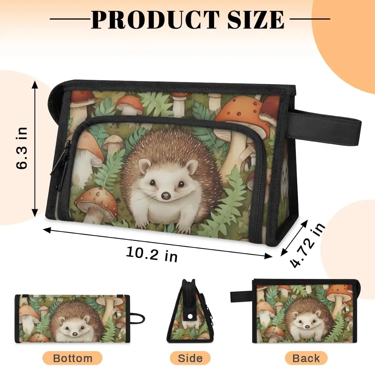 Makeup Bag Hedgehog Mushroom Leaves Travel Toiletry Bag Makeup Organizer Portable Make Up Bags for Women Cosmetic Bag with Handle