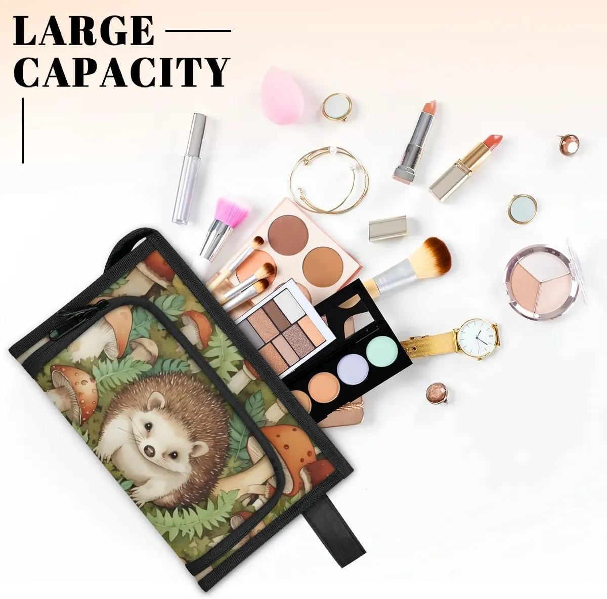 Makeup Bag Hedgehog Mushroom Leaves Travel Toiletry Bag Makeup Organizer Portable Make Up Bags for Women Cosmetic Bag with Handle