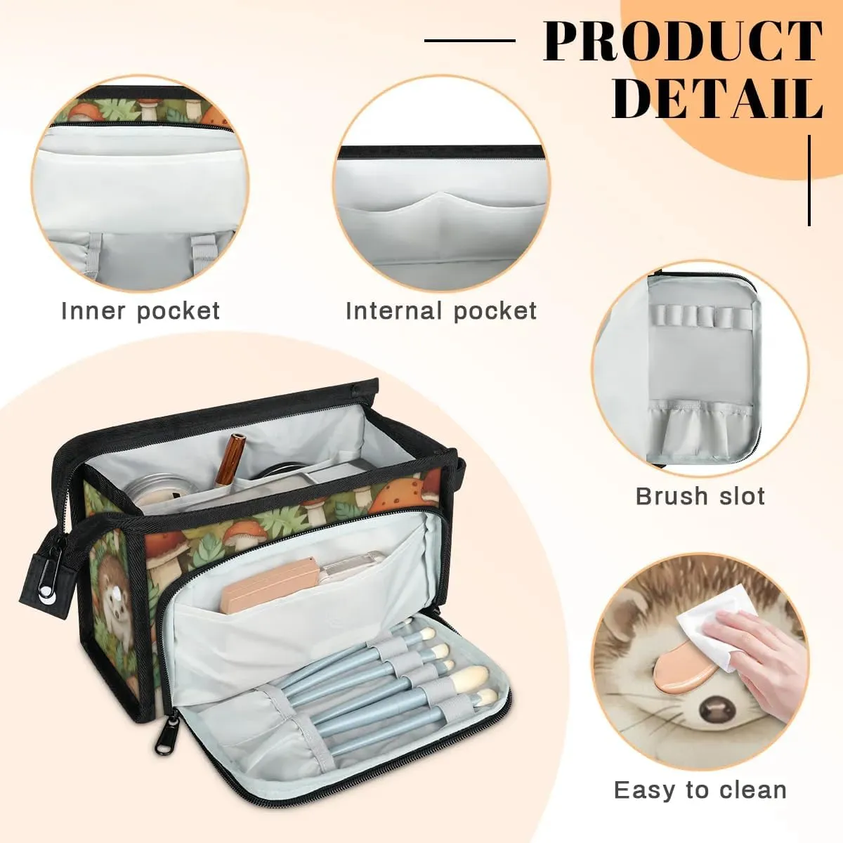 Makeup Bag Hedgehog Mushroom Leaves Travel Toiletry Bag Makeup Organizer Portable Make Up Bags for Women Cosmetic Bag with Handle