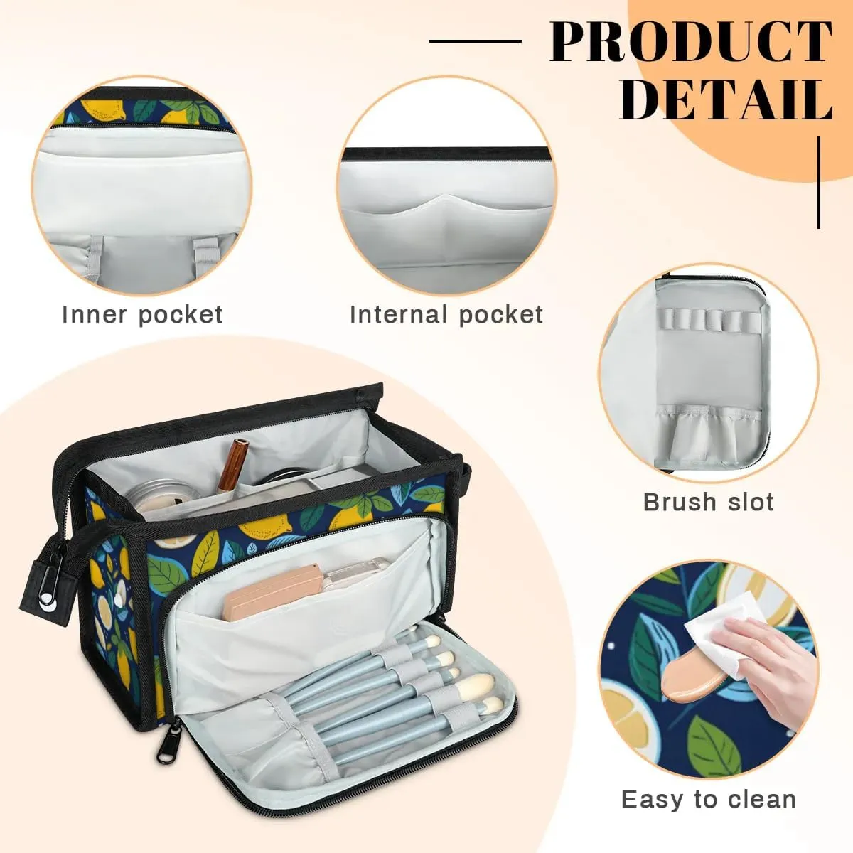 Makeup Bag Lemons Prints Travel Toiletry Bag Makeup Organizer Portable Make Up Bags for Women Cosmetic Bag with Handle