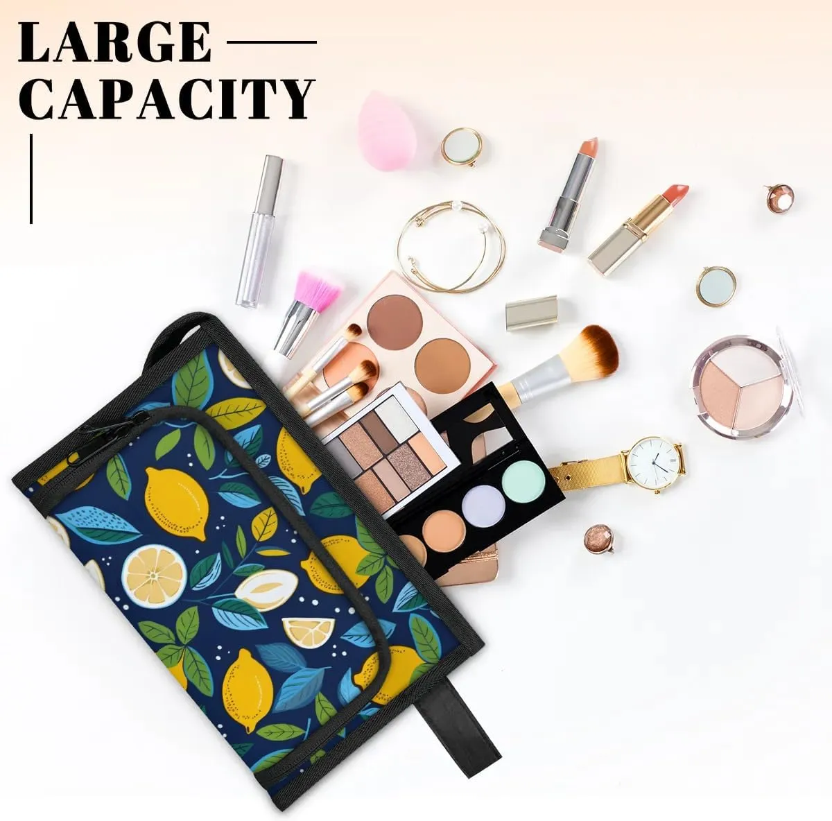 Makeup Bag Lemons Prints Travel Toiletry Bag Makeup Organizer Portable Make Up Bags for Women Cosmetic Bag with Handle