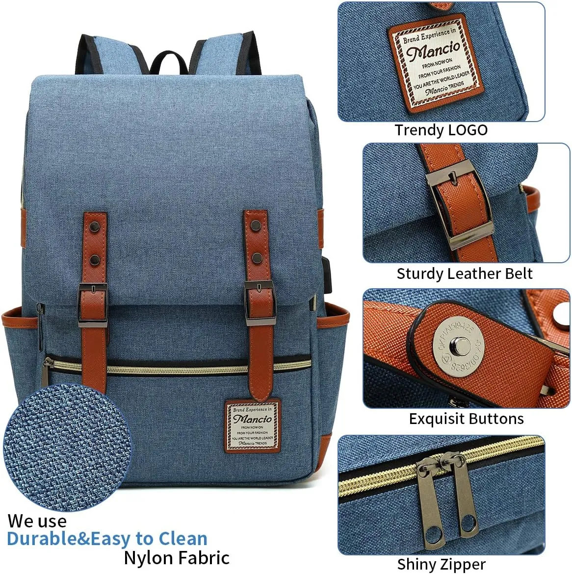 Mancio Slim Vintage Laptop Backpack For women,Men For Travel, College, Dayparks, Fits up to 15.6Inch Notebook in Blue