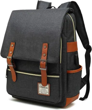 Mancio Vintage Laptop Backpack with USB Charging Port, Slim Tear Resistant Business Backpack for Travelling, College, Daypacks for Men,Women, Fits up to 15.6Inch Notebook in Black