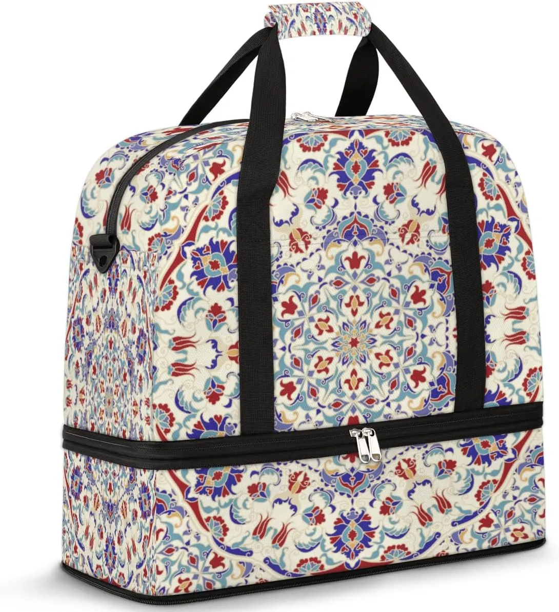Mandala Vintage Turkish Style Travel Duffle Bag, Large Sports Gym Bag with Shoe Compartment, Waterproof Carry on Tote Bag, Foldable Weekender Overnight Bag for Women Men