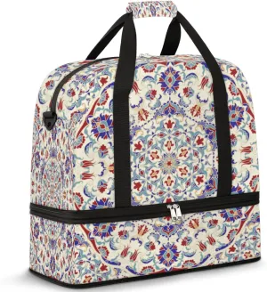 Mandala Vintage Turkish Style Travel Duffle Bag, Large Sports Gym Bag with Shoe Compartment, Waterproof Carry on Tote Bag, Foldable Weekender Overnight Bag for Women Men
