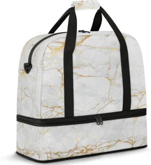 Marble White Gold Travel Duffel Bags for Women & Men Large Sports Gym Bags Foldie Weekender Overnight Bag Carry On Tote Bag With Shoe Compartment Personal Item Luggage for Travel Sports Gym
