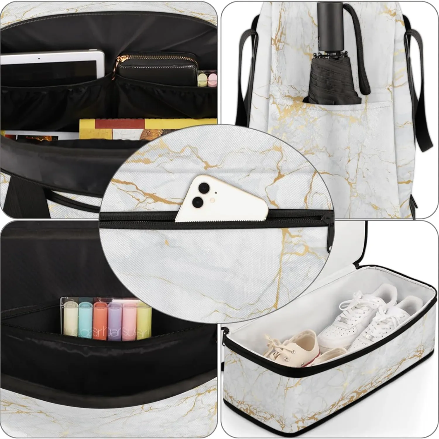 Marble White Gold Travel Duffel Bags for Women & Men Large Sports Gym Bags Foldie Weekender Overnight Bag Carry On Tote Bag With Shoe Compartment Personal Item Luggage for Travel Sports Gym
