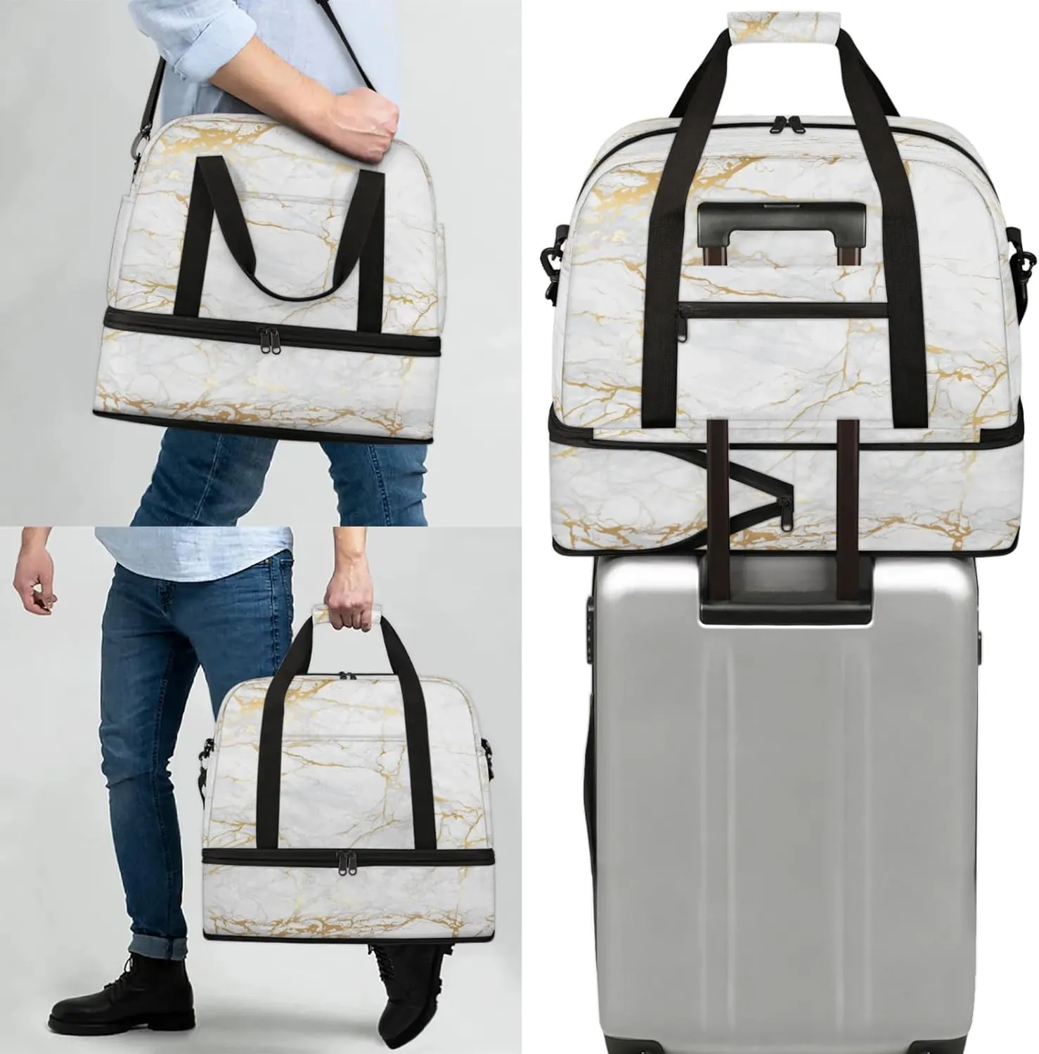 Marble White Gold Travel Duffel Bags for Women & Men Large Sports Gym Bags Foldie Weekender Overnight Bag Carry On Tote Bag With Shoe Compartment Personal Item Luggage for Travel Sports Gym