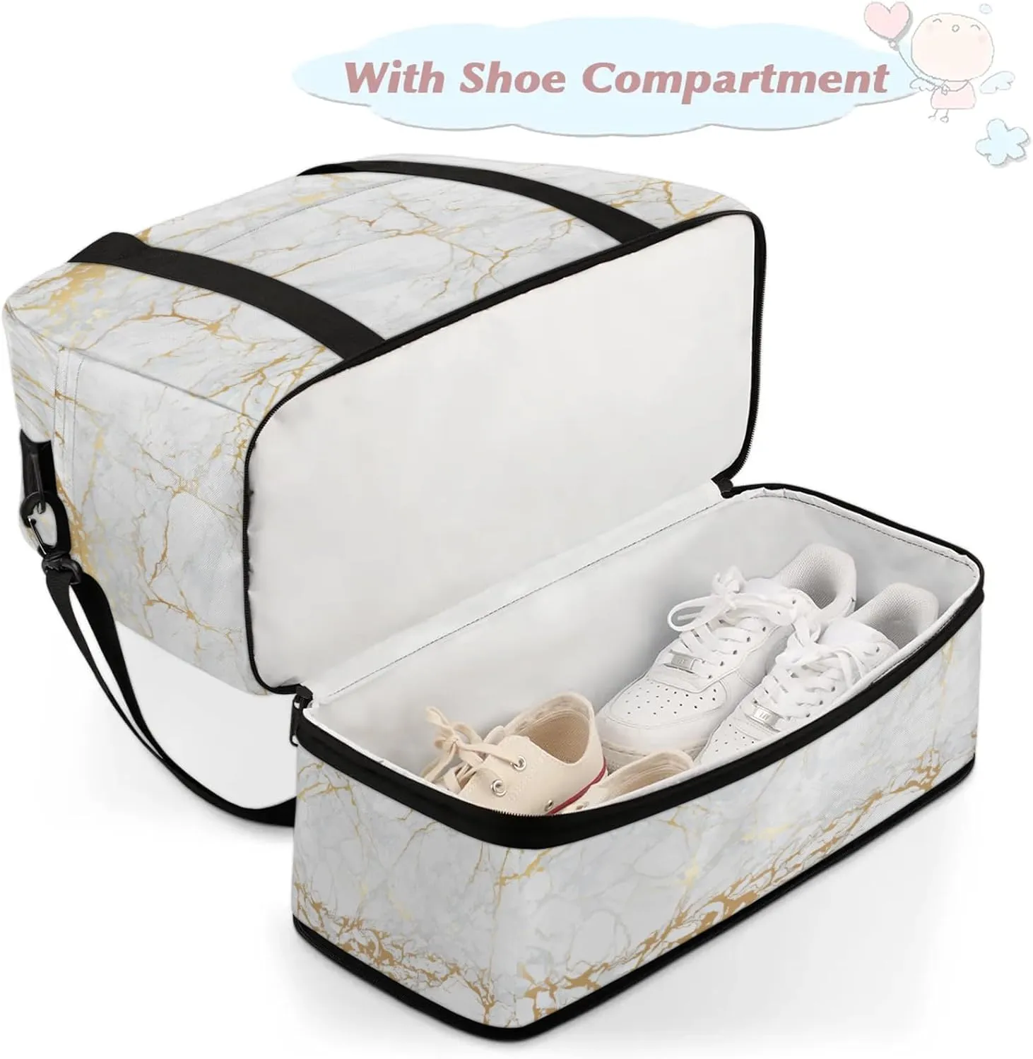 Marble White Gold Travel Duffel Bags for Women & Men Large Sports Gym Bags Foldie Weekender Overnight Bag Carry On Tote Bag With Shoe Compartment Personal Item Luggage for Travel Sports Gym