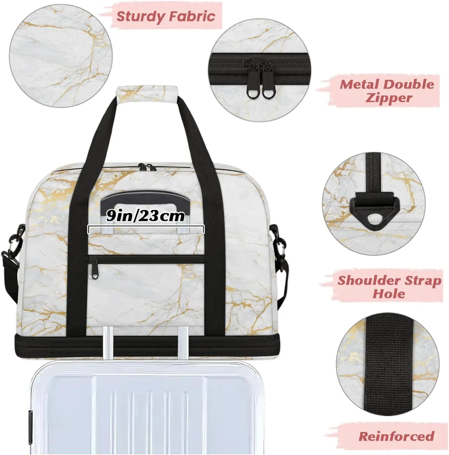 Marble White Gold Travel Duffel Bags for Women & Men Large Sports Gym Bags Foldie Weekender Overnight Bag Carry On Tote Bag With Shoe Compartment Personal Item Luggage for Travel Sports Gym