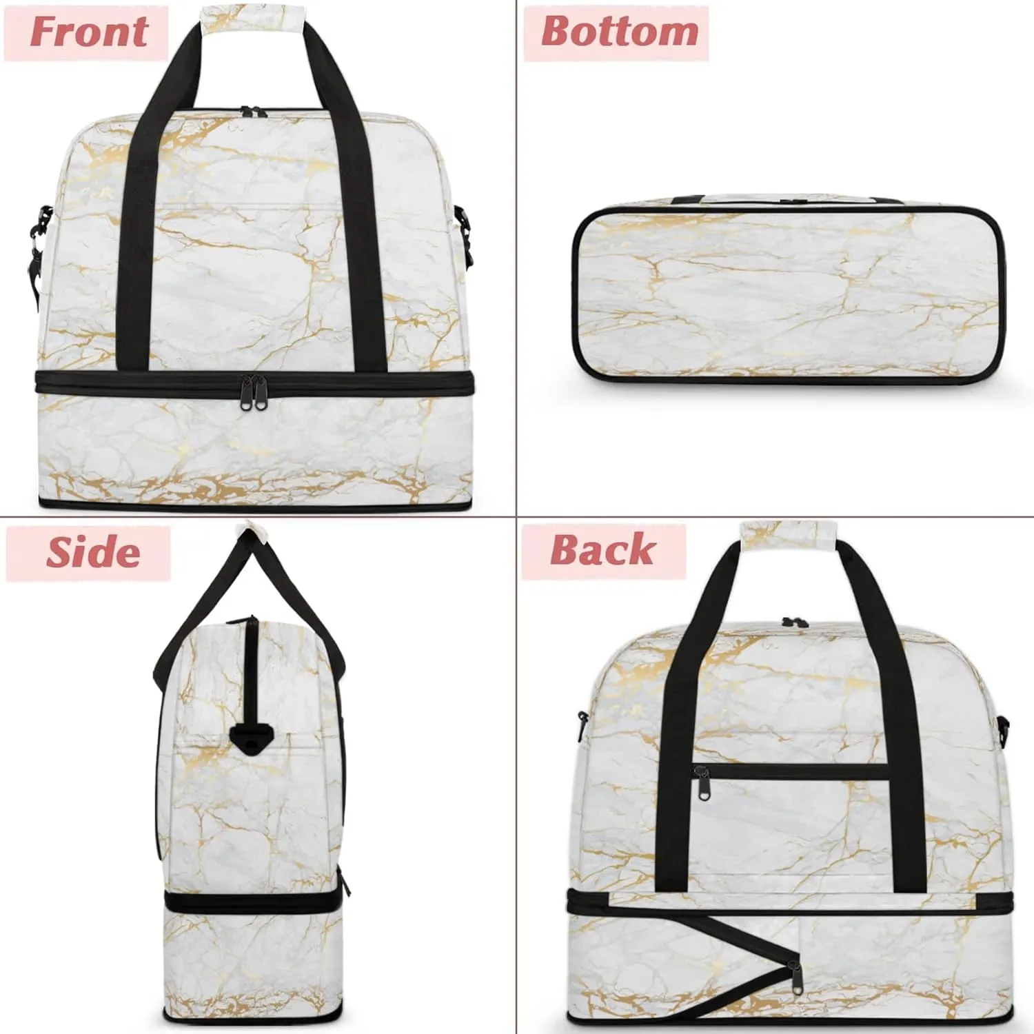 Marble White Gold Travel Duffel Bags for Women & Men Large Sports Gym Bags Foldie Weekender Overnight Bag Carry On Tote Bag With Shoe Compartment Personal Item Luggage for Travel Sports Gym