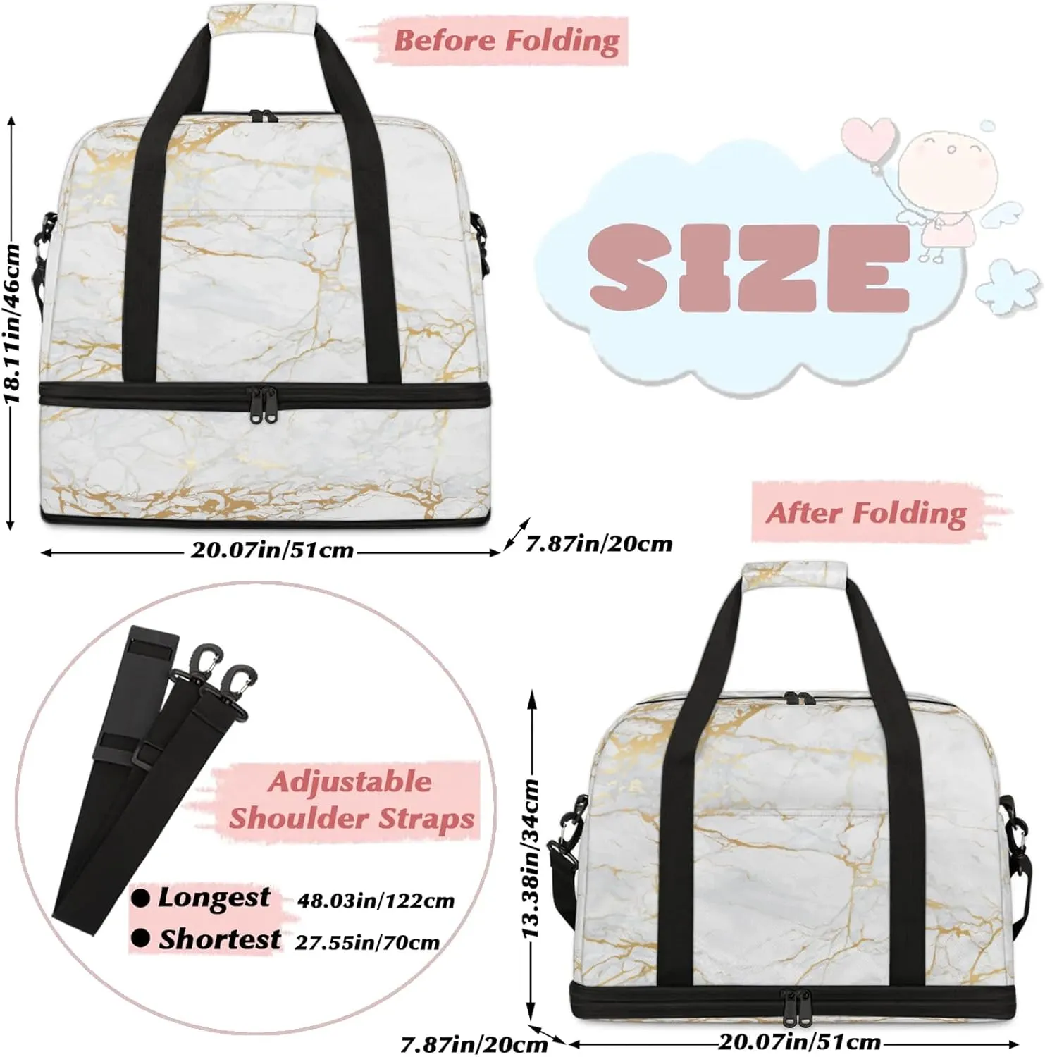 Marble White Gold Travel Duffel Bags for Women & Men Large Sports Gym Bags Foldie Weekender Overnight Bag Carry On Tote Bag With Shoe Compartment Personal Item Luggage for Travel Sports Gym