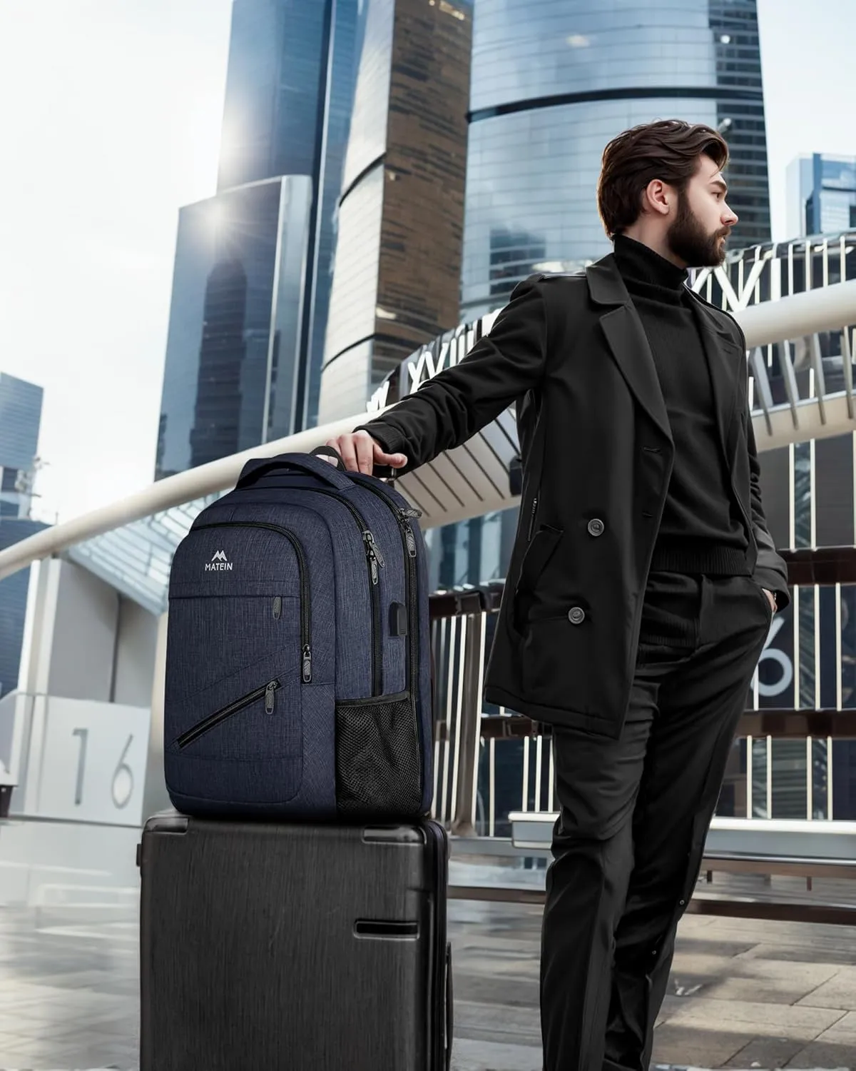 MATEIN 17 inch Laptop Backpack, Large Travel Backpack Carry On TSA Approved with Trolley Sleeve, Computer Work Bag with USB Charging Port, Water Resistant Daypack for College, Dark Blue