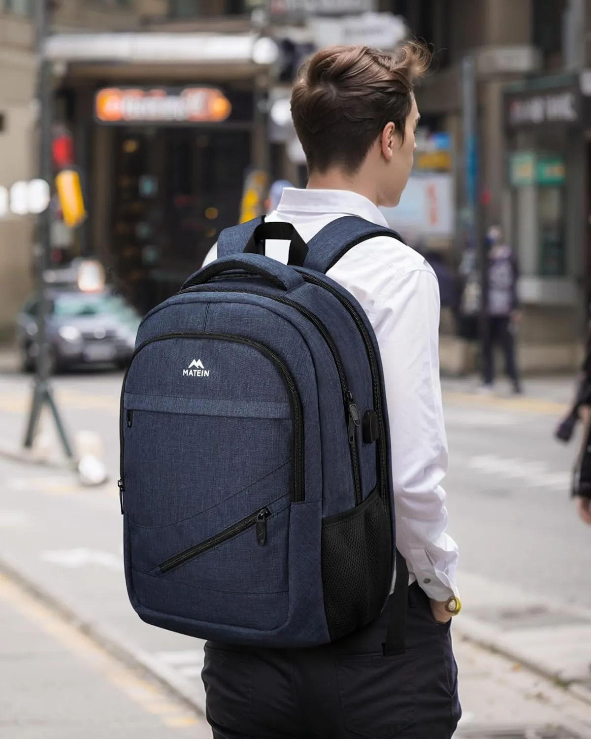 MATEIN 17 inch Laptop Backpack, Large Travel Backpack Carry On TSA Approved with Trolley Sleeve, Computer Work Bag with USB Charging Port, Water Resistant Daypack for College, Dark Blue