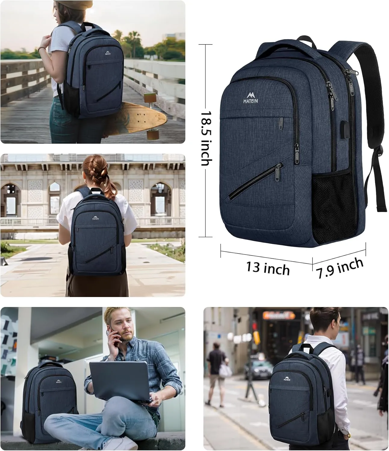 MATEIN 17 inch Laptop Backpack, Large Travel Backpack Carry On TSA Approved with Trolley Sleeve, Computer Work Bag with USB Charging Port, Water Resistant Daypack for College, Dark Blue