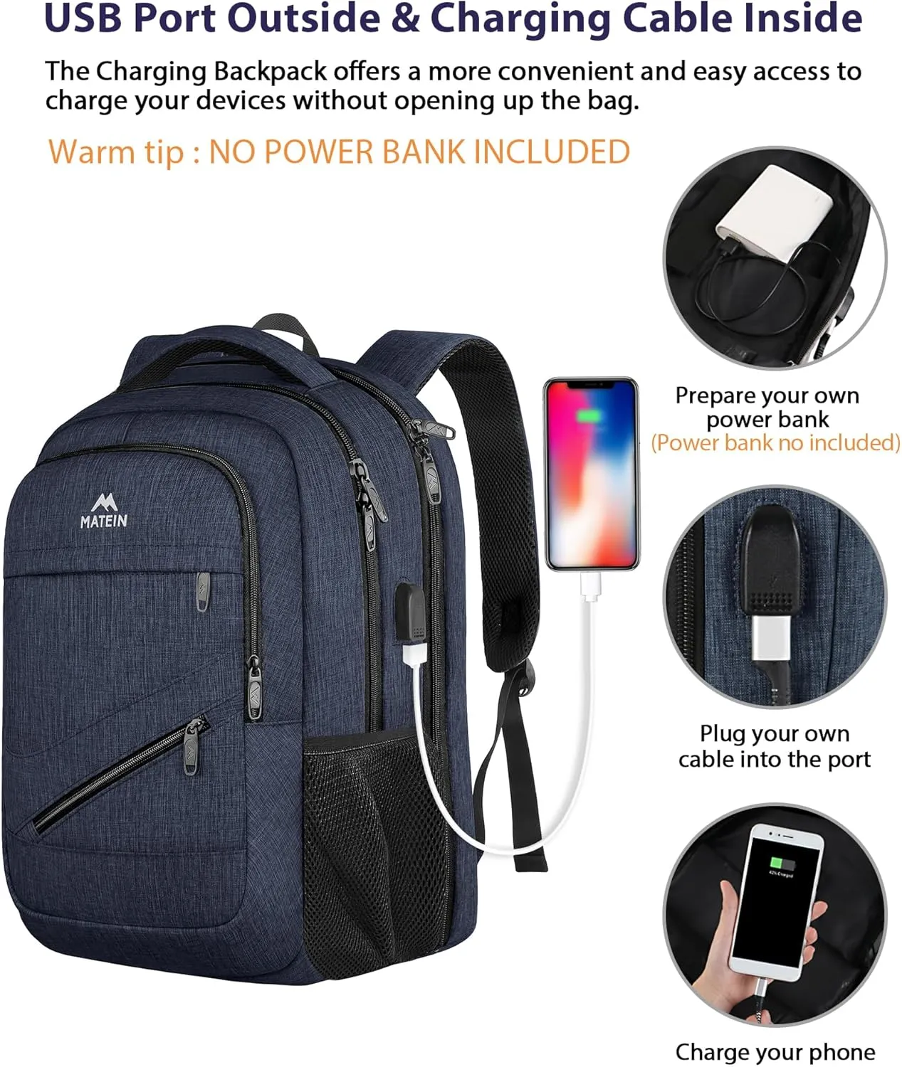 MATEIN 17 inch Laptop Backpack, Large Travel Backpack Carry On TSA Approved with Trolley Sleeve, Computer Work Bag with USB Charging Port, Water Resistant Daypack for College, Dark Blue