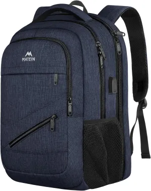 MATEIN 17 inch Laptop Backpack, Large Travel Backpack Carry On TSA Approved with Trolley Sleeve, Computer Work Bag with USB Charging Port, Water Resistant Daypack for College, Dark Blue