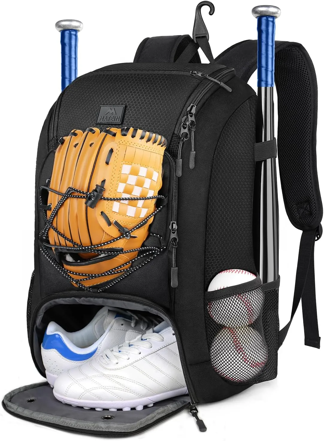 MATEIN Baseball Backpack, Softball Bat Bag with Shoes Compartment for Youth, Boys and Adult, Lightweight Baseball Bag with Fence Hook Hold TBall Bat, Batting Mitten, Helmet, Caps, Teeball Gear