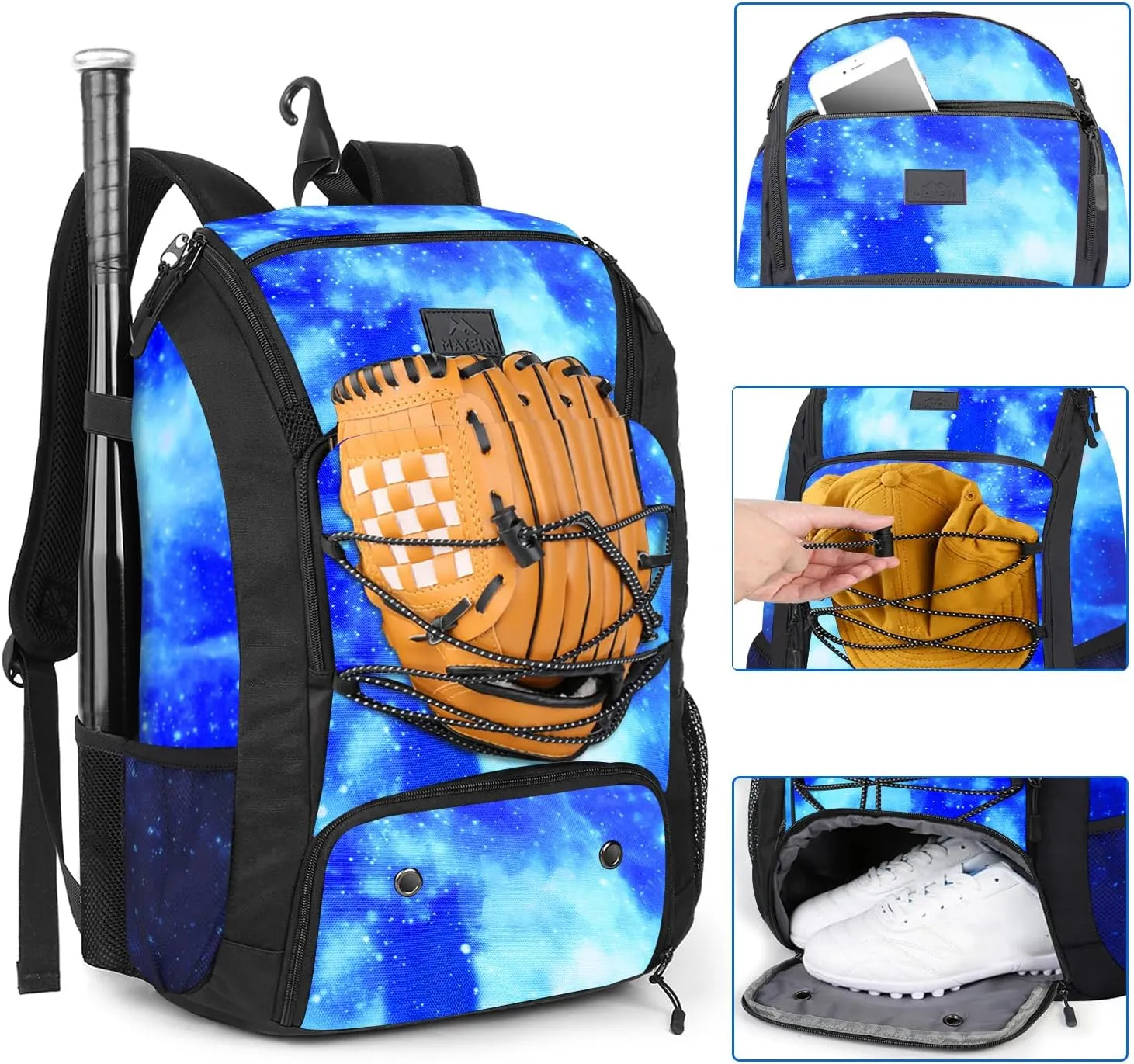MATEIN Baseball Backpack, Softball Bat Bag with Shoes Compartment for Youth, Boys and Adult, Lightweight Baseball Bag with Fence Hook Hold TBall Bat, Batting Mitten, Helmet, Caps, Teeball Gear