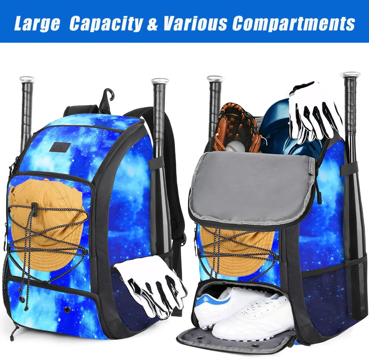 MATEIN Baseball Backpack, Softball Bat Bag with Shoes Compartment for Youth, Boys and Adult, Lightweight Baseball Bag with Fence Hook Hold TBall Bat, Batting Mitten, Helmet, Caps, Teeball Gear
