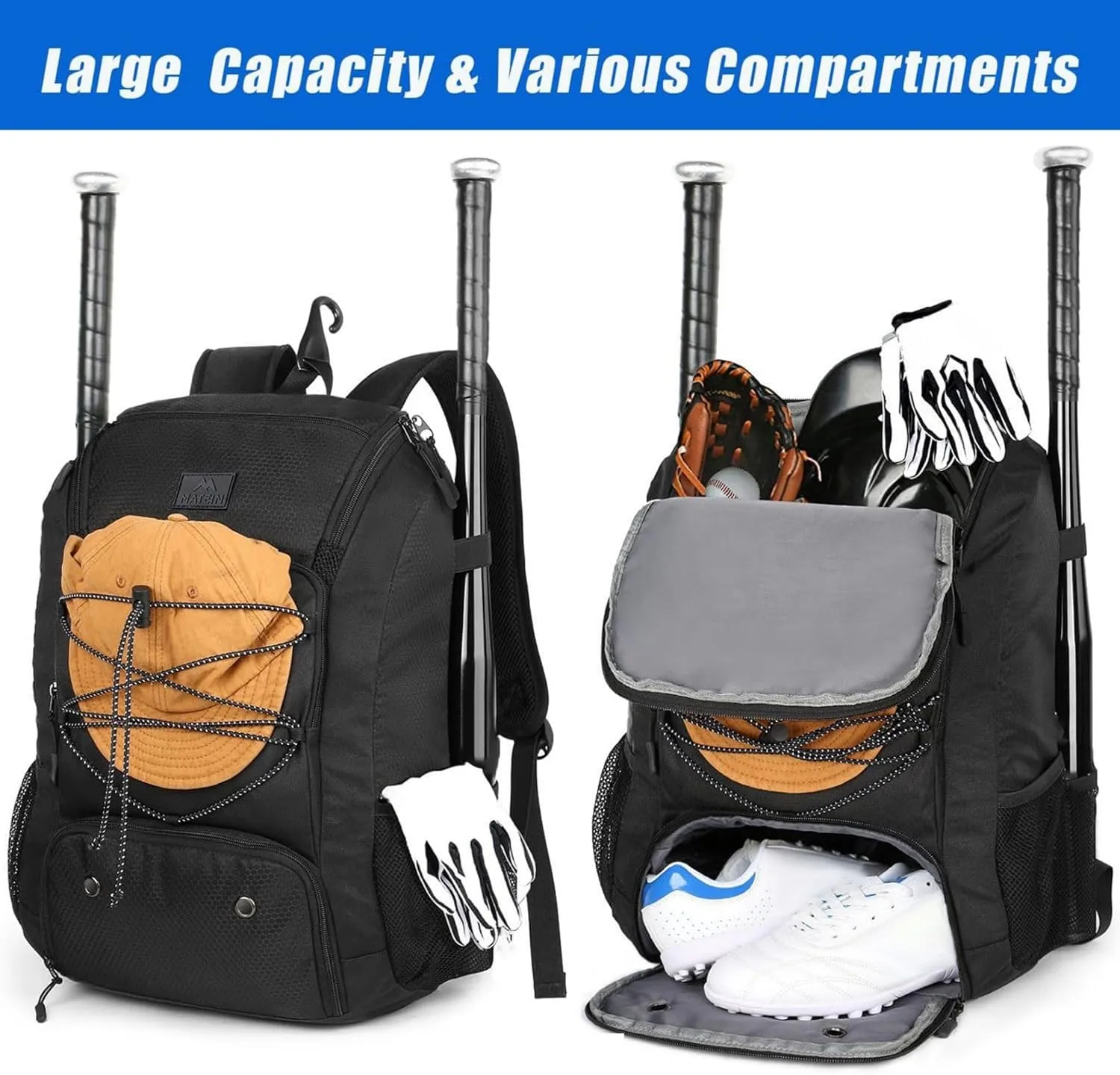MATEIN Baseball Backpack, Softball Bat Bag with Shoes Compartment for Youth, Boys and Adult, Lightweight Baseball Bag with Fence Hook Hold TBall Bat, Batting Mitten, Helmet, Caps, Teeball Gear