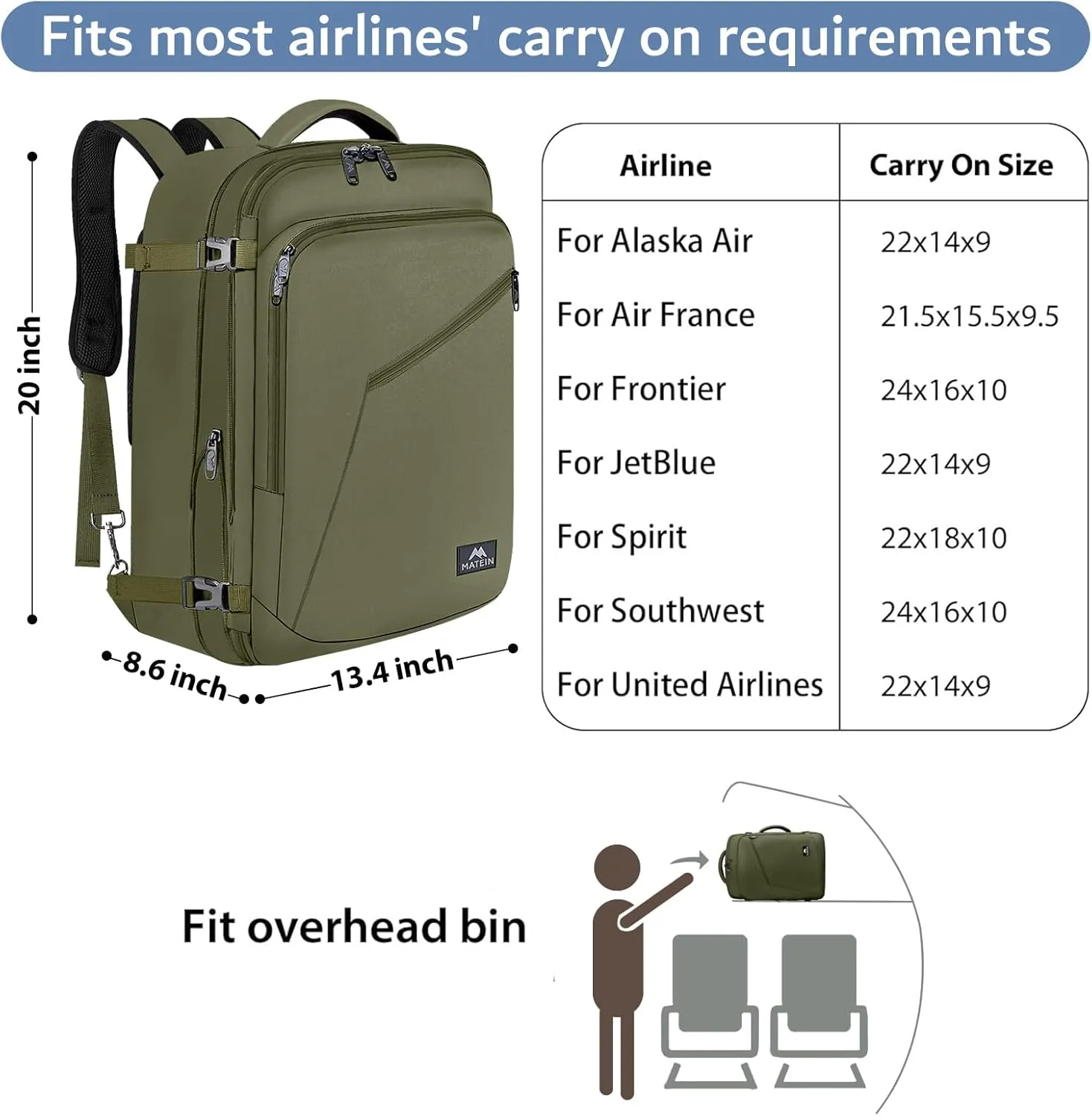 MATEIN Mens Backpack for Travel, Extra Large Expandable Carry on Backpack with Hideaway Shoulder Straps for Travelling, Water Resistant Heavy Duty Daypack, Gifts for Men Women, Dark Green