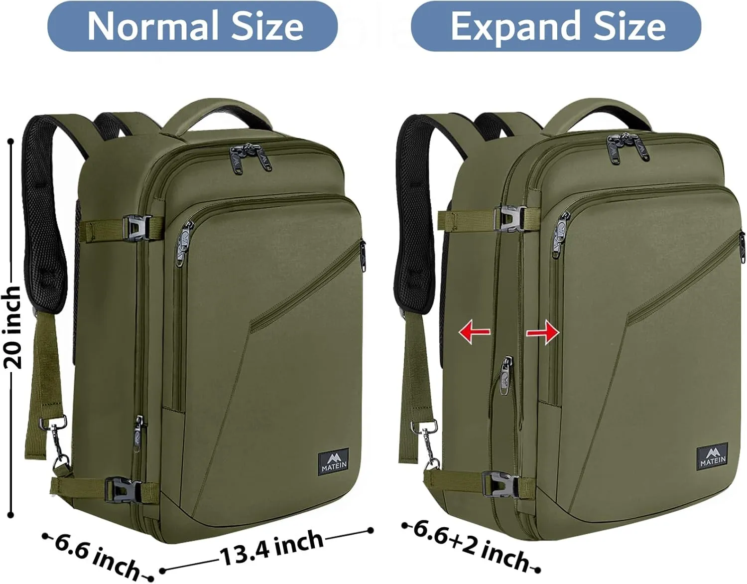 MATEIN Mens Backpack for Travel, Extra Large Expandable Carry on Backpack with Hideaway Shoulder Straps for Travelling, Water Resistant Heavy Duty Daypack, Gifts for Men Women, Dark Green