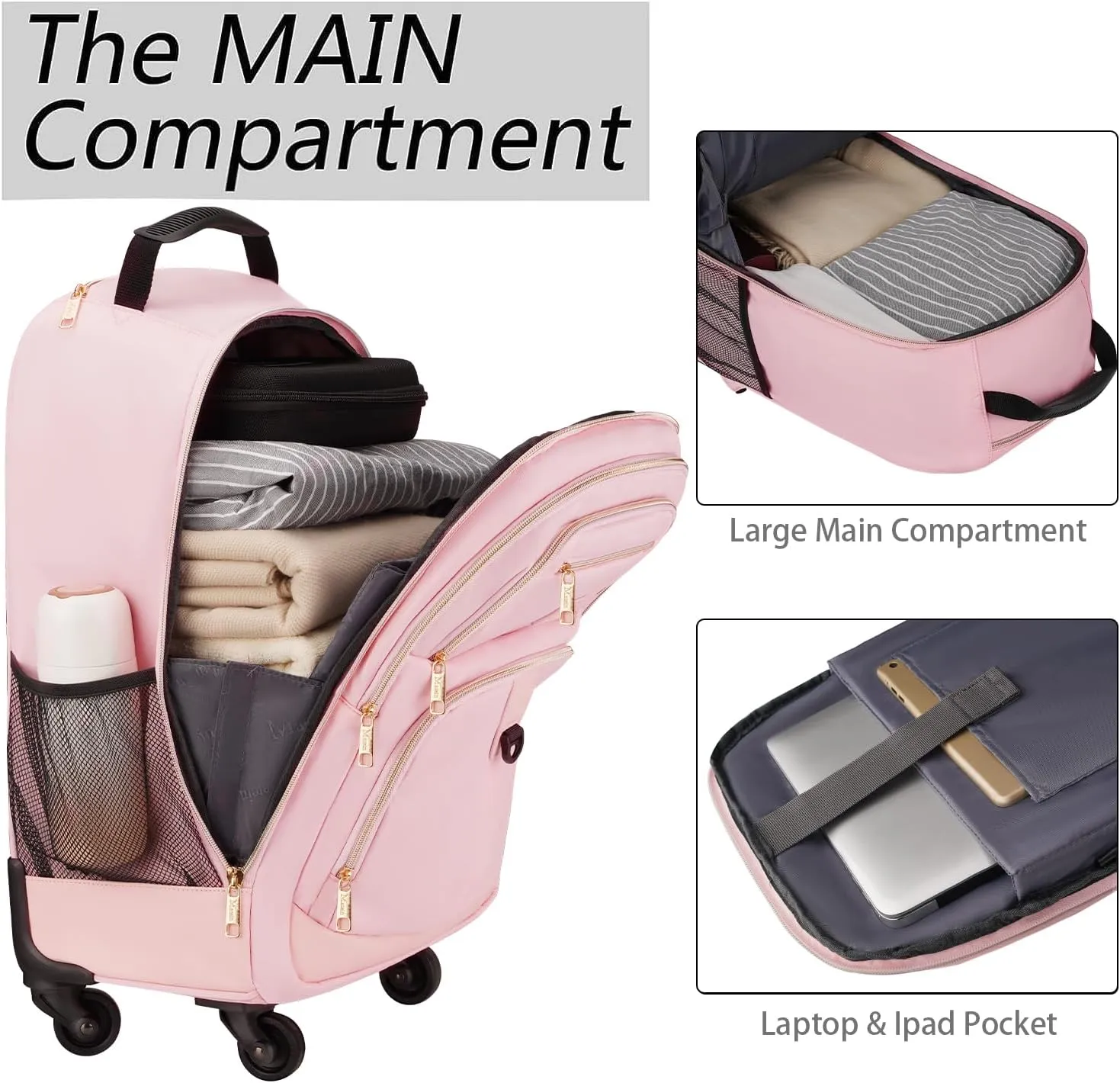 MATEIN Rolling Backpack for Women, 18 inch Roller Laptop Bag with 4 Wheels for Adult, Sturdy Wheeled Backpack Carry on Luggage, Extra Large Travel Bag Suitcase Back Pack for Work College Trips, Pink