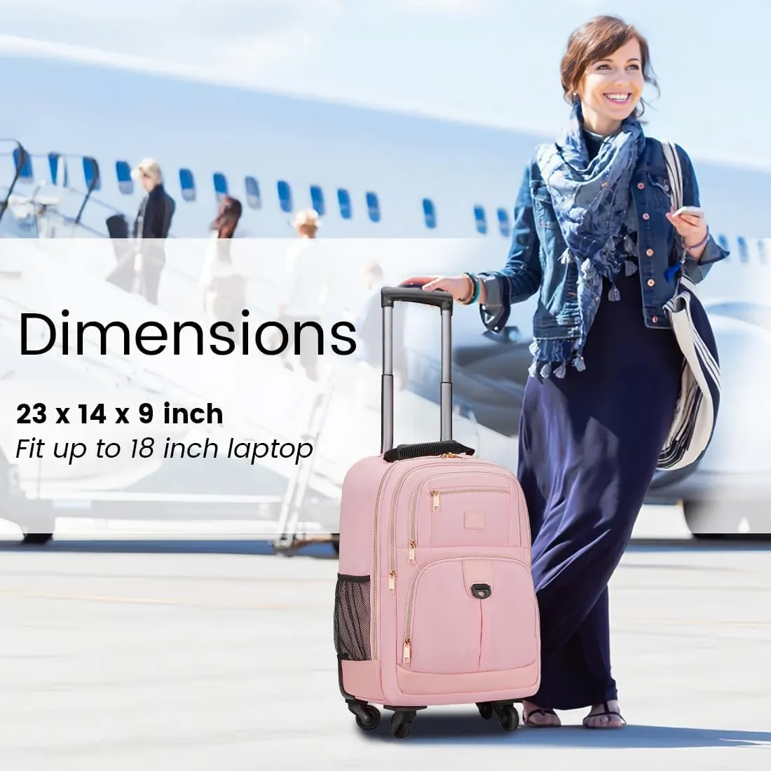 MATEIN Rolling Backpack for Women, 18 inch Roller Laptop Bag with 4 Wheels for Adult, Sturdy Wheeled Backpack Carry on Luggage, Extra Large Travel Bag Suitcase Back Pack for Work College Trips, Pink