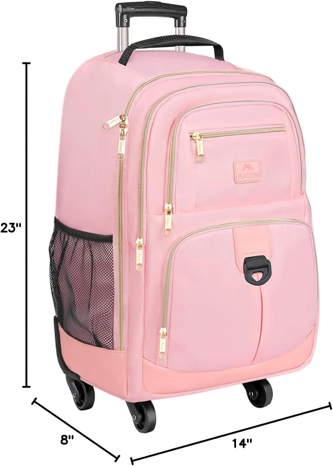 MATEIN Rolling Backpack for Women, 18 inch Roller Laptop Bag with 4 Wheels for Adult, Sturdy Wheeled Backpack Carry on Luggage, Extra Large Travel Bag Suitcase Back Pack for Work College Trips, Pink