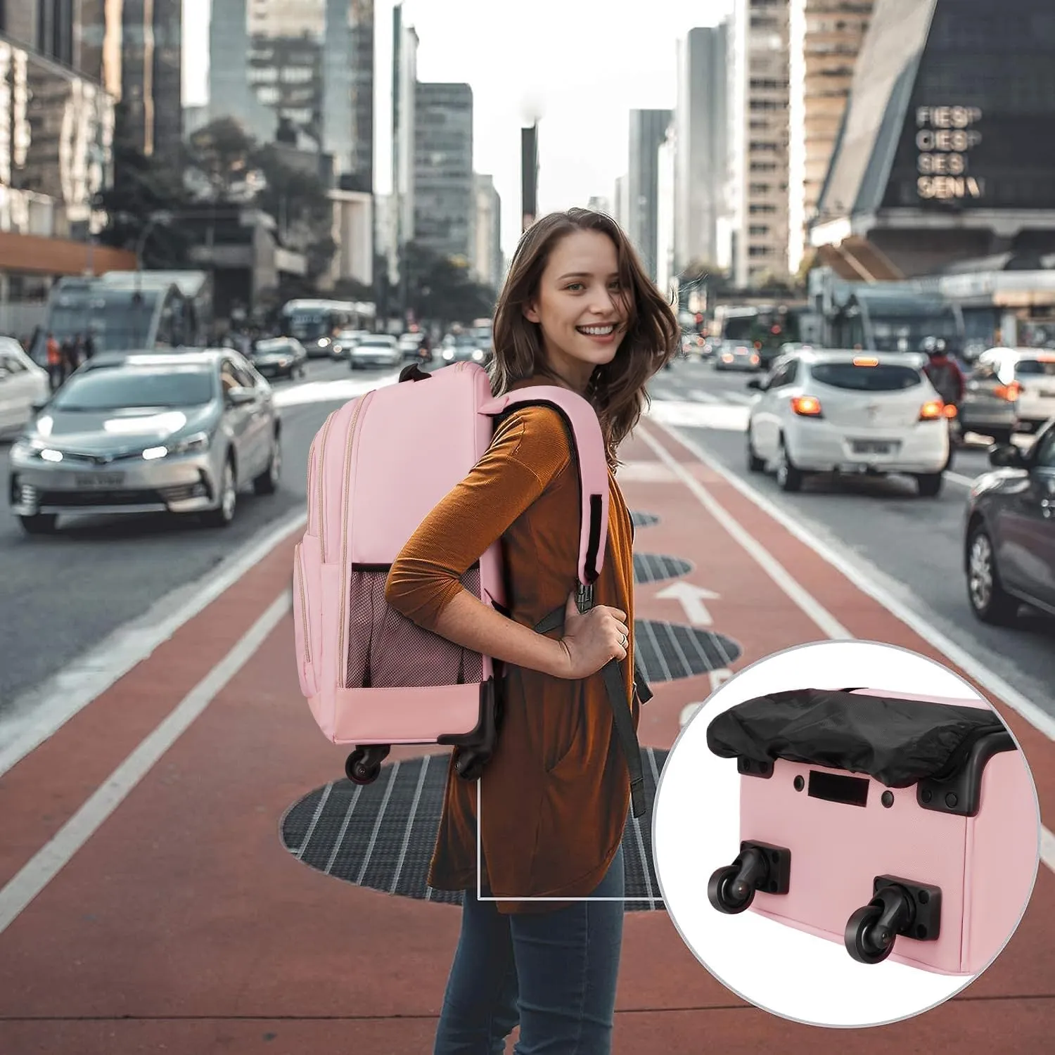 MATEIN Rolling Backpack for Women, 18 inch Roller Laptop Bag with 4 Wheels for Adult, Sturdy Wheeled Backpack Carry on Luggage, Extra Large Travel Bag Suitcase Back Pack for Work College Trips, Pink
