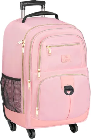 MATEIN Rolling Backpack for Women, 18 inch Roller Laptop Bag with 4 Wheels for Adult, Sturdy Wheeled Backpack Carry on Luggage, Extra Large Travel Bag Suitcase Back Pack for Work College Trips, Pink
