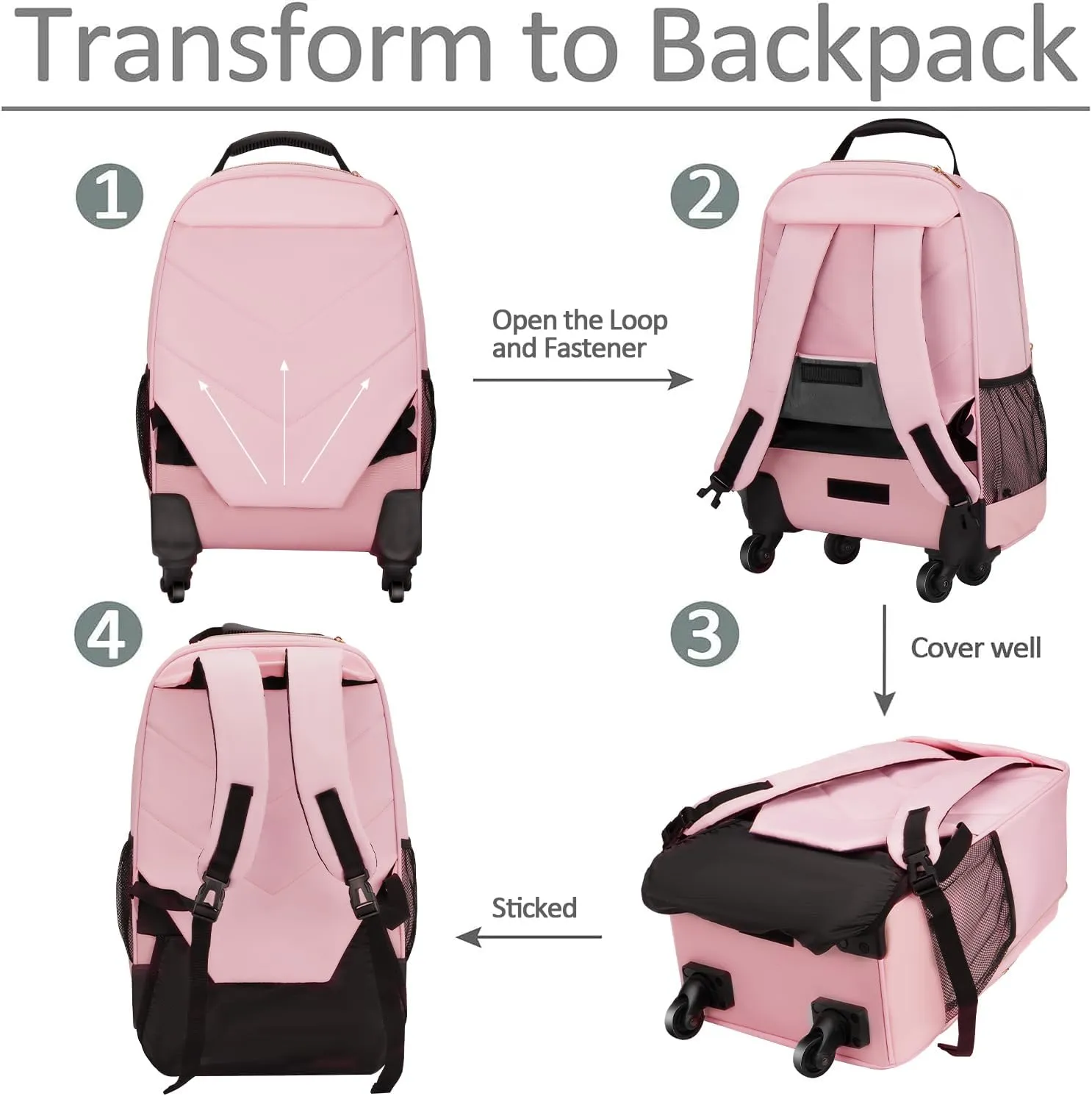 MATEIN Rolling Backpack for Women, 18 inch Roller Laptop Bag with 4 Wheels for Adult, Sturdy Wheeled Backpack Carry on Luggage, Extra Large Travel Bag Suitcase Back Pack for Work College Trips, Pink