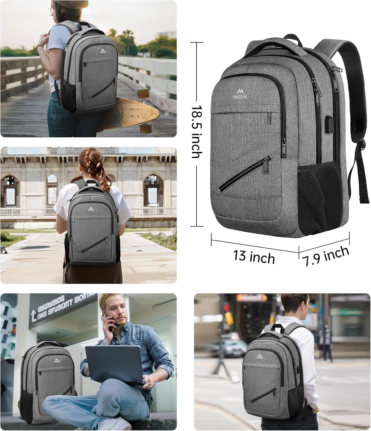 MATEIN Travel Laptop Backpack, 17 Inch Business Flight Approved Carry on Backpack, TSA Large Computer Bag for Men Women with USB Port and Trolley Sleeve, College School Tactical Book Bag, Grey