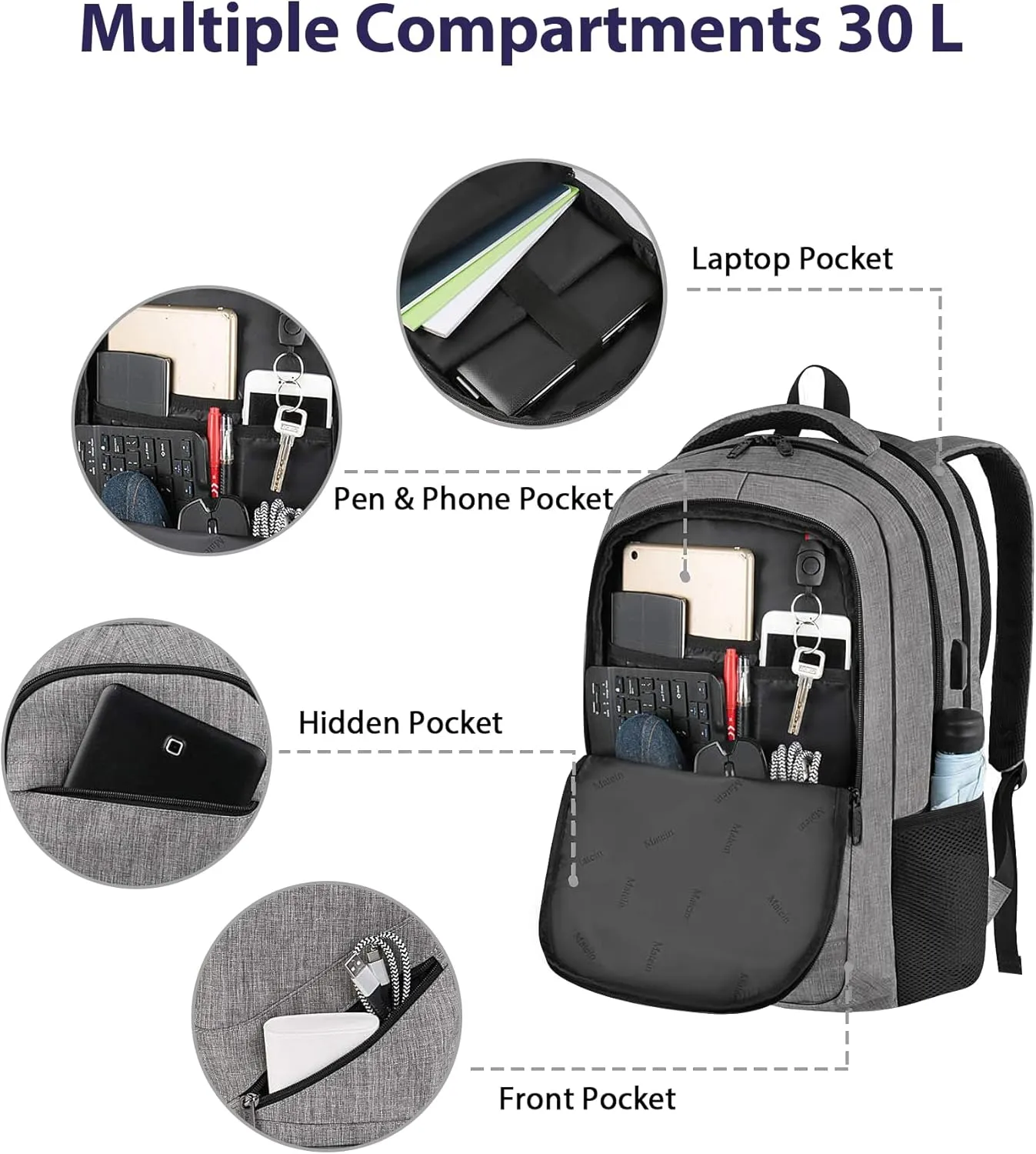 MATEIN Travel Laptop Backpack, 17 Inch Business Flight Approved Carry on Backpack, TSA Large Computer Bag for Men Women with USB Port and Trolley Sleeve, College School Tactical Book Bag, Grey