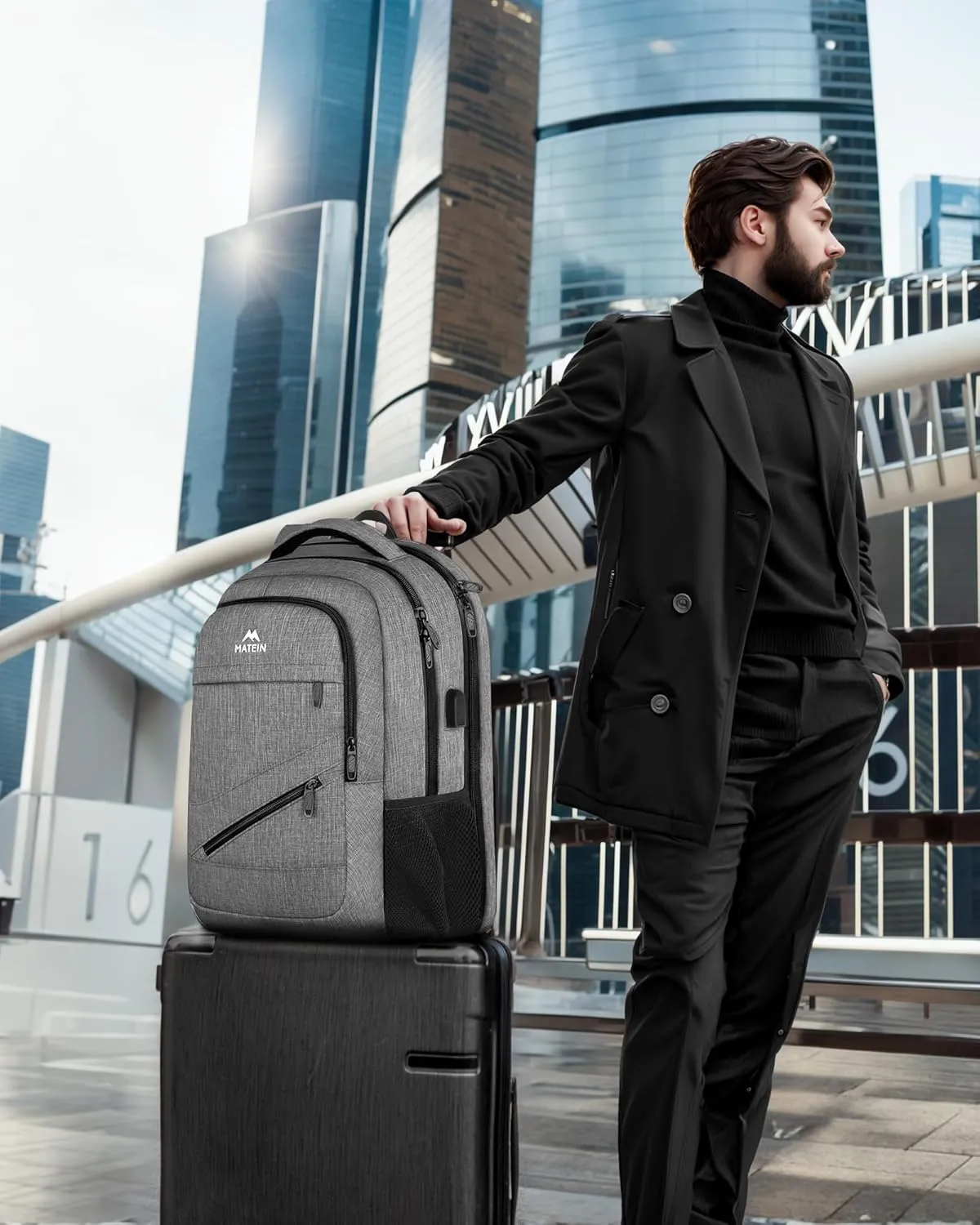 MATEIN Travel Laptop Backpack, 17 Inch Business Flight Approved Carry on Backpack, TSA Large Computer Bag for Men Women with USB Port and Trolley Sleeve, College School Tactical Book Bag, Grey