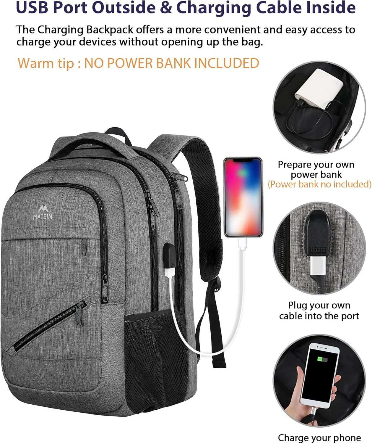 MATEIN Travel Laptop Backpack, 17 Inch Business Flight Approved Carry on Backpack, TSA Large Computer Bag for Men Women with USB Port and Trolley Sleeve, College School Tactical Book Bag, Grey